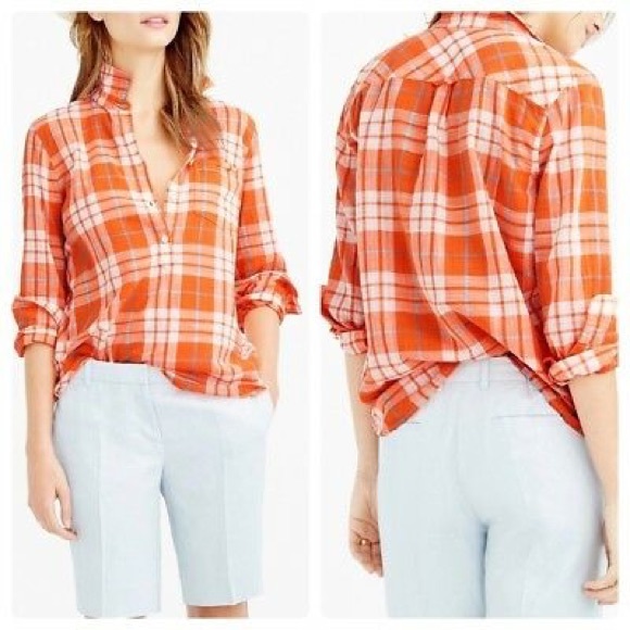 J. Crew Tops - J Crew Coral Plaid Cotton Popover Top